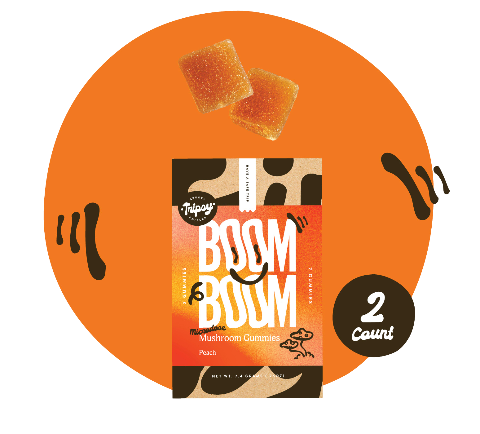 BOOM BOOM mushroom gummies pouch (Tripsy Edibles) in peach flavor labeled “microdose,” with two gummies shown above, on an orange background with decorative accents and a “2 count” badge.