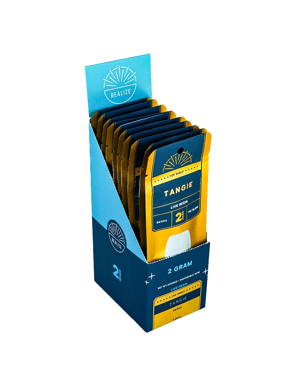 Realize Top Shelf Tangie 2 gram disposable vape retail display featuring gold and navy packaging with live resin THC blend branding.
