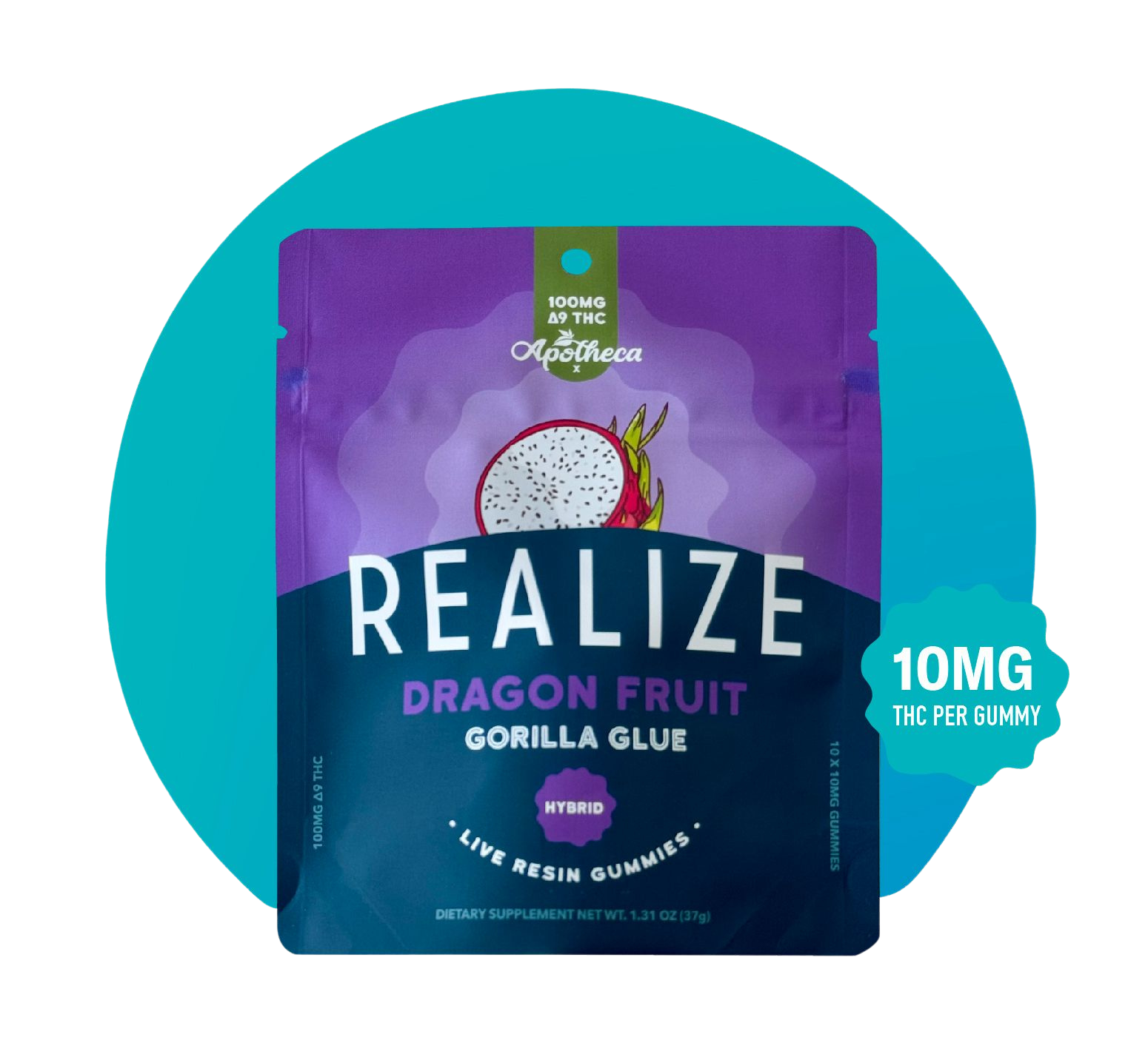 Realize dragon fruit Gorilla Glue hybrid live resin gummies 100mg Delta-9 THC pouch with 10mg THC per gummy