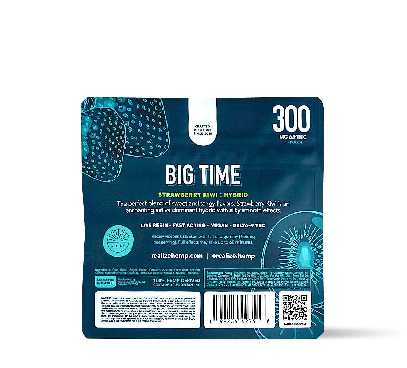 Back of Realize BIG TIME strawberry kiwi hybrid live resin gummies 300mg Delta-9 THC pouch showing dosage, ingredients, and QR code