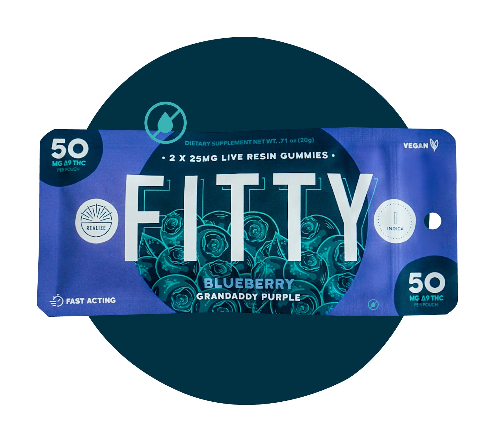 Realize DYE FREE FITTY blueberry Granddaddy Purple live resin gummies indica with 50mg Delta-9 THC per pouch