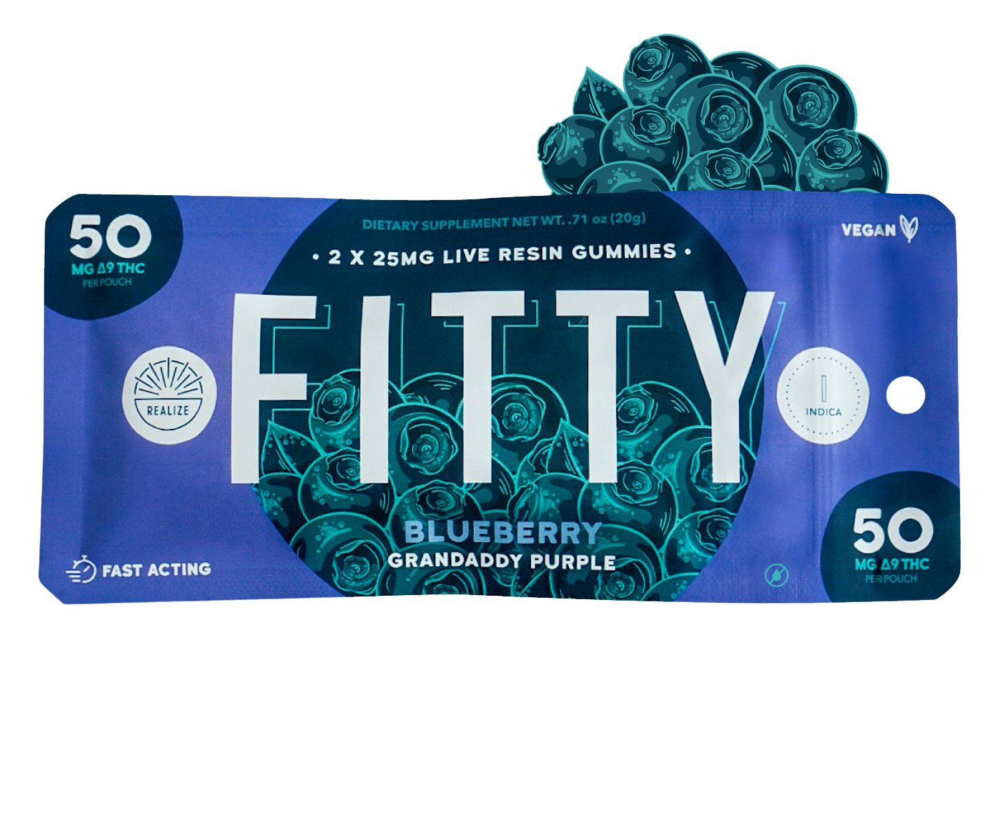 Realize DYE FREE FITTY blueberry Granddaddy Purple live resin gummies indica with 50mg Delta-9 THC per pouch