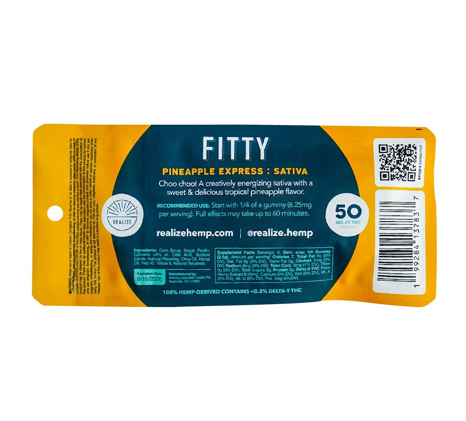 Back of Realize FITTY Pineapple Express sativa live resin gummies packaging showing dosage, ingredients, and QR code