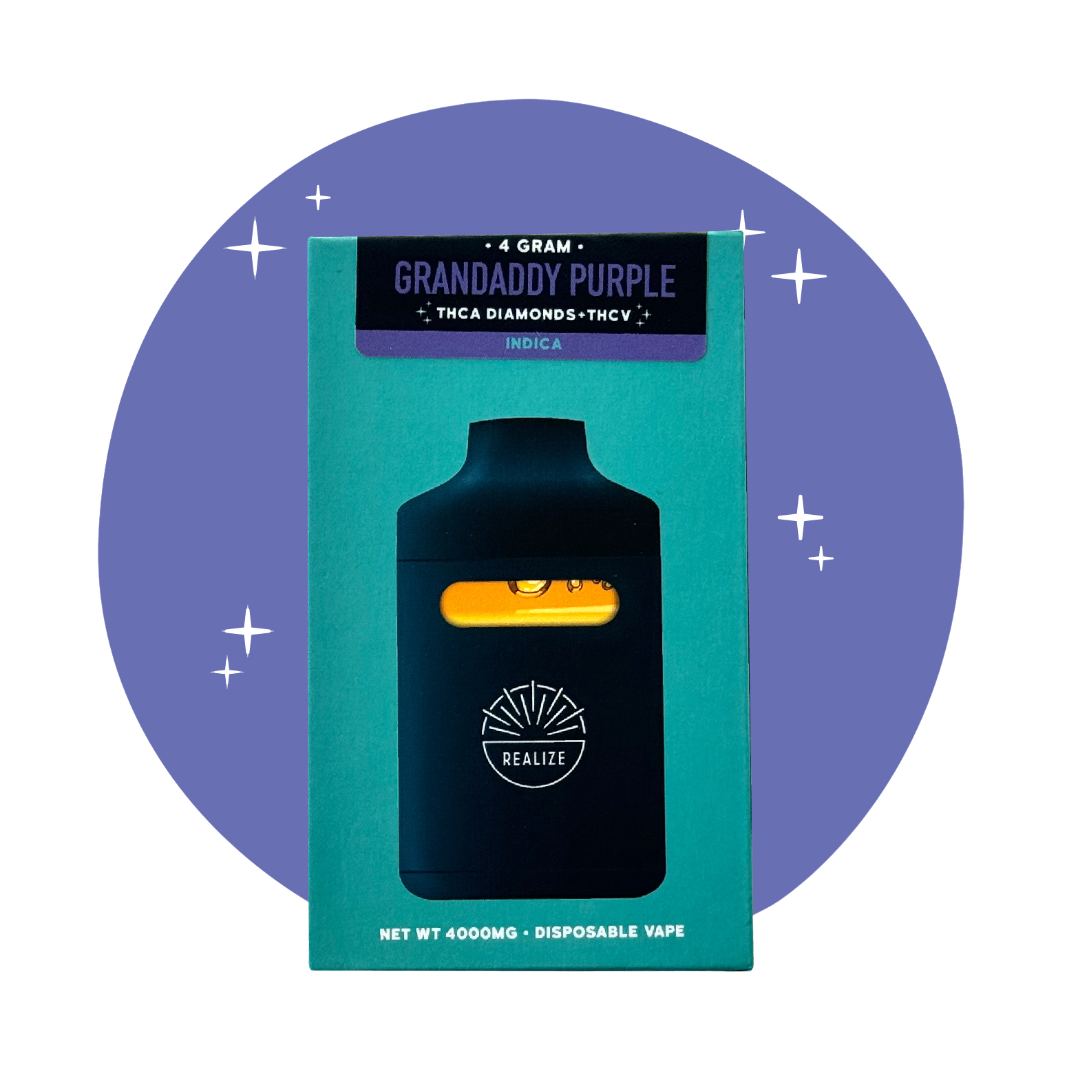 Realize Granddaddy Purple disposable vape packaging front, indica strain with THCA diamonds and THCV, 4 gram disposable vape with device illustration