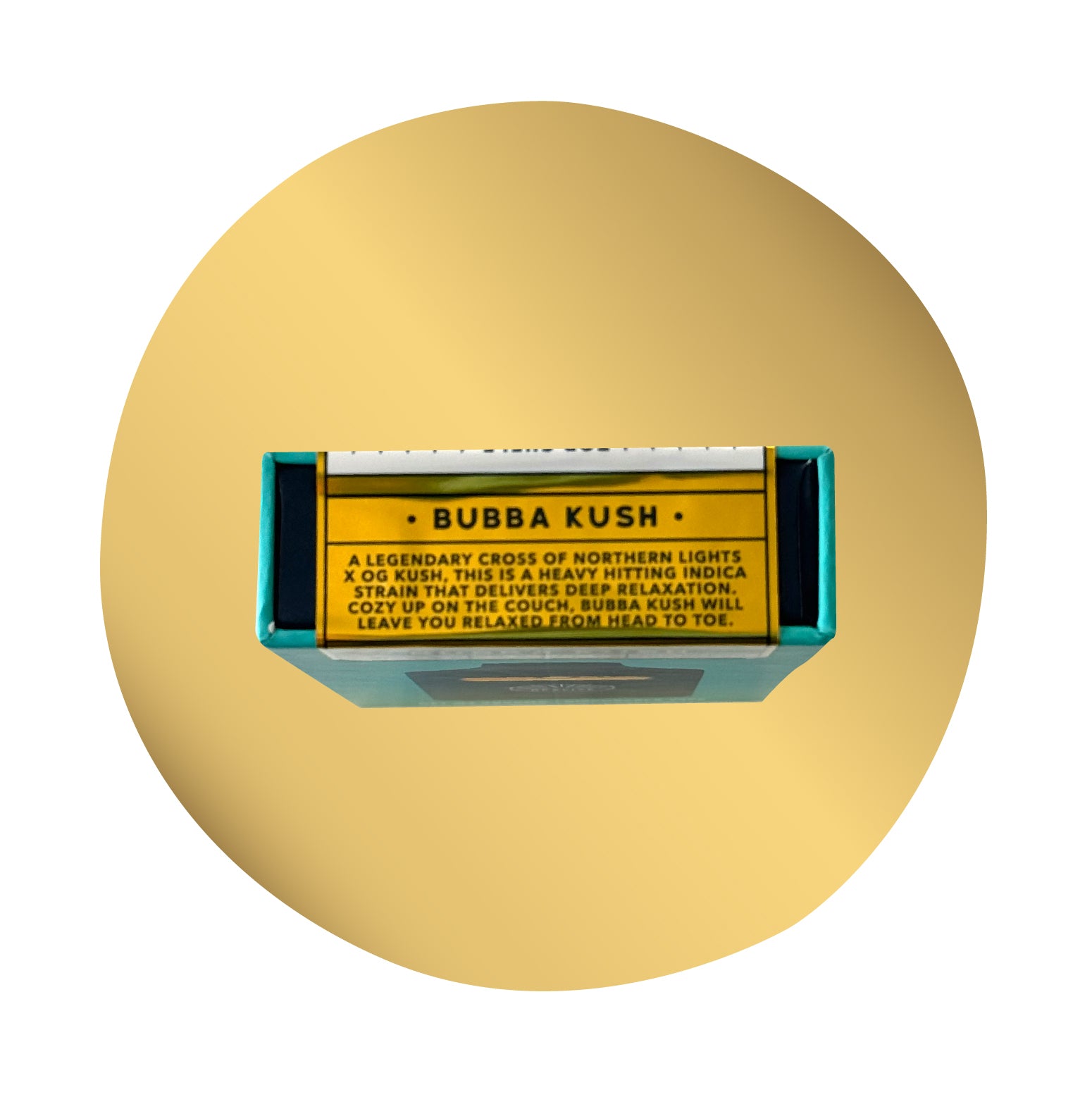 Realize Bubba Kush disposable vape box side panel with strain description highlighting deep relaxation from the Northern Lights x OG Kush lineage