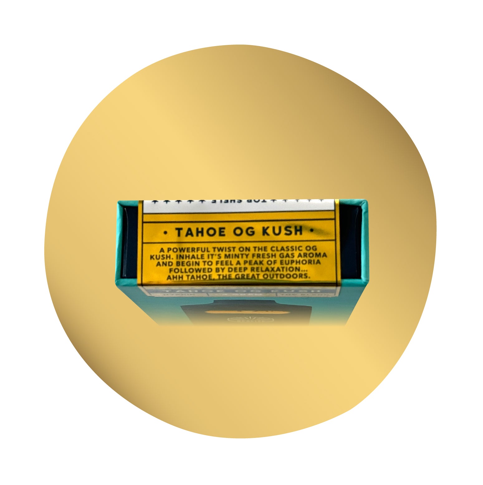 Realize Tahoe OG Kush disposable vape box side panel with strain description highlighting minty gas aroma, euphoric peak, and deep relaxation