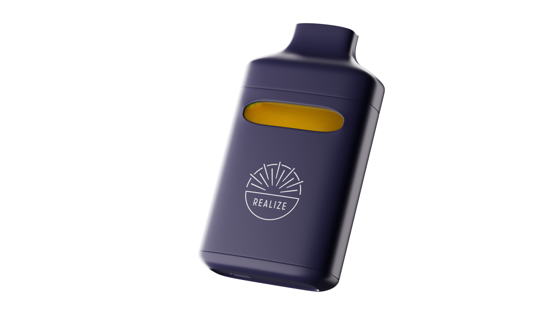 Realize disposable vape device with viewing window showing oil, navy blue body, and Realize logo on the front
