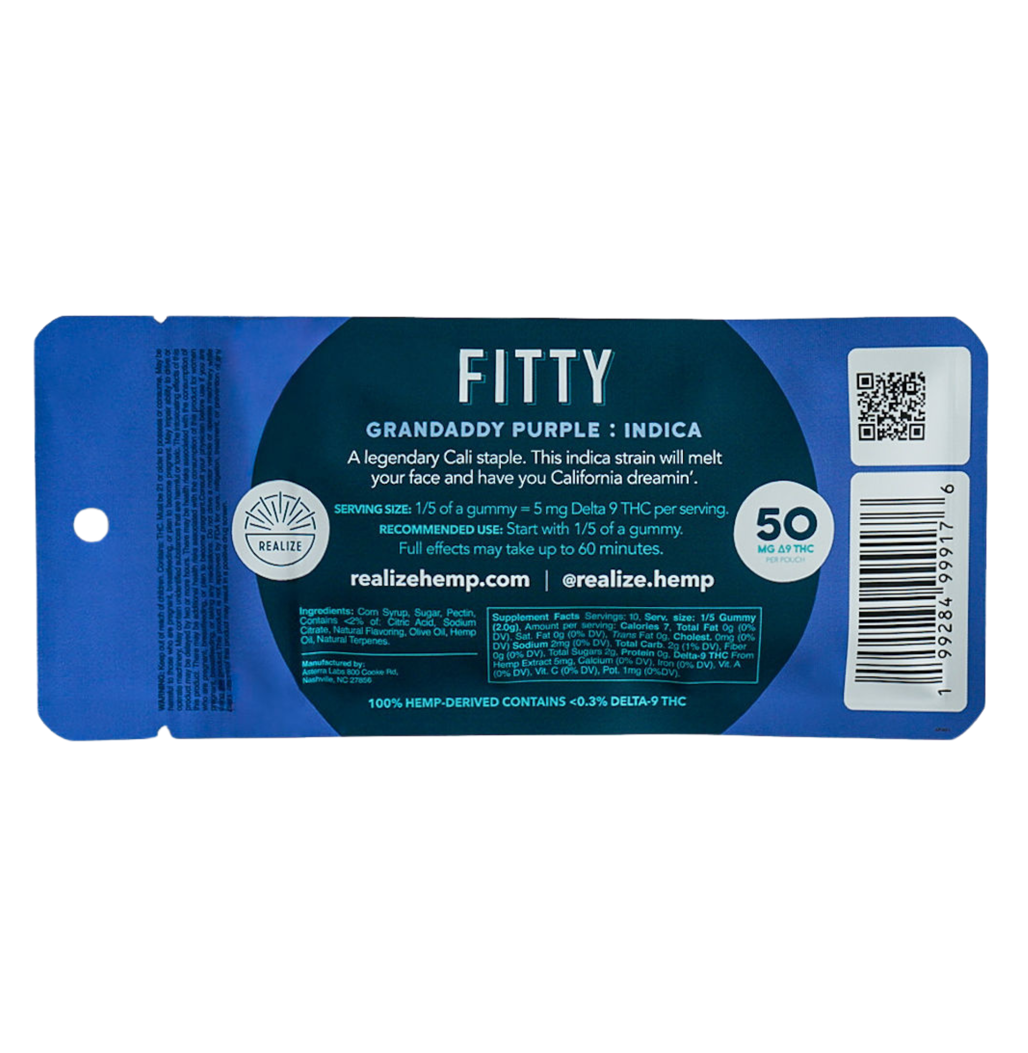 Back of Realize FITTY granddaddy purple indica Delta-9 THC gummies 50mg pouch packaging with ingredients and dosage information
