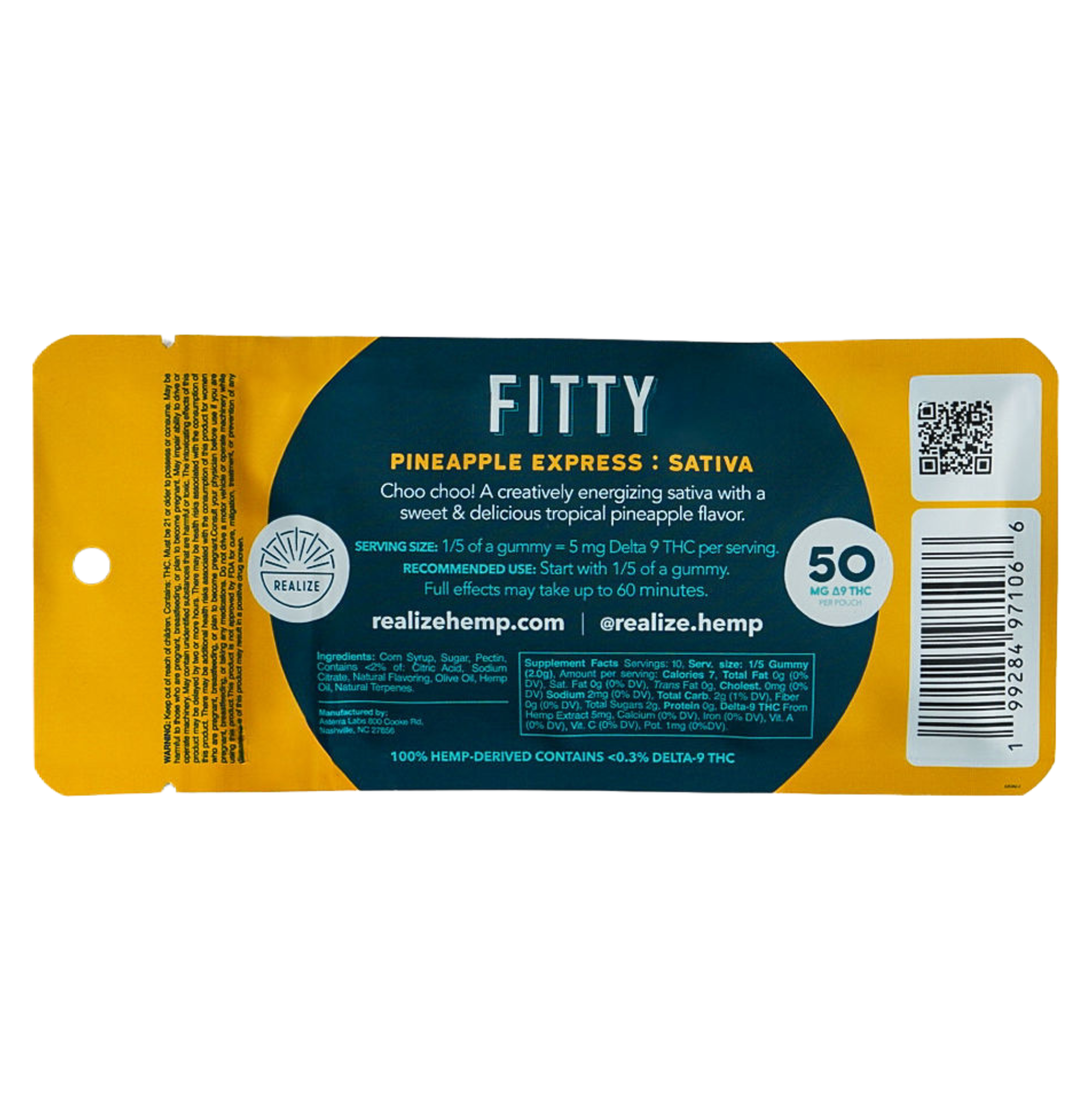 Back of Realize Dye-Free FITTY pineapple express sativa Delta-9 THC gummies 50mg pouch packaging with ingredients and dosage information