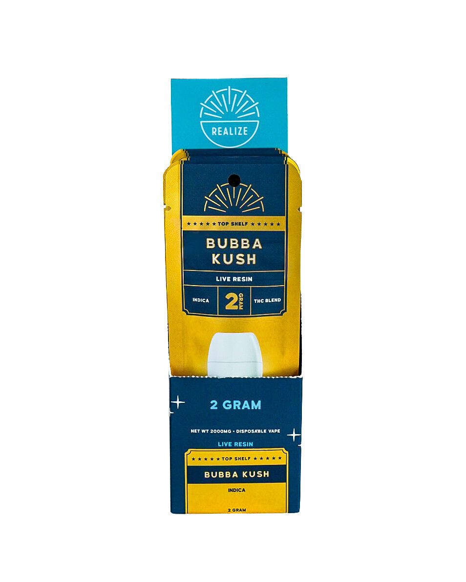 Realize Top Shelf Bubba Kush 2 gram disposable vape retail display featuring gold and navy packaging with live resin THC blend branding.