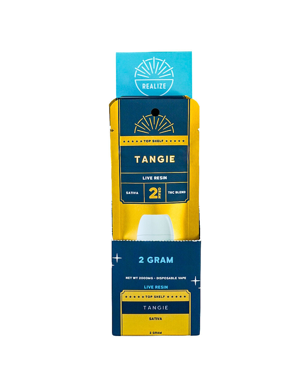 Realize Top Shelf Tangie 2 gram disposable vape retail display featuring gold and navy packaging with live resin THC blend branding.