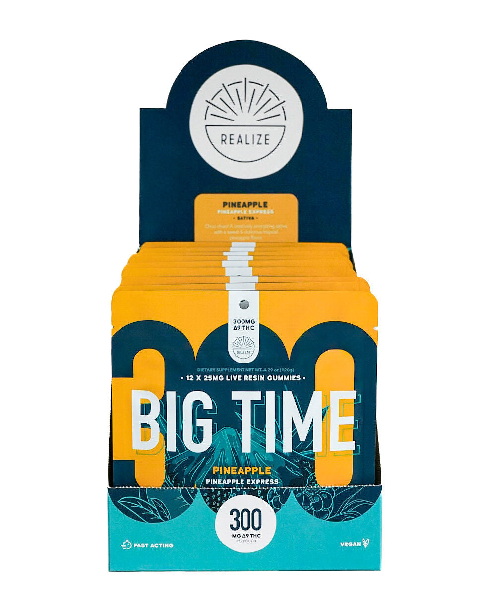 Realize BIG TIME pineapple express sativa live resin gummies 300mg Delta-9 THC wholesale display box with multiple pouches