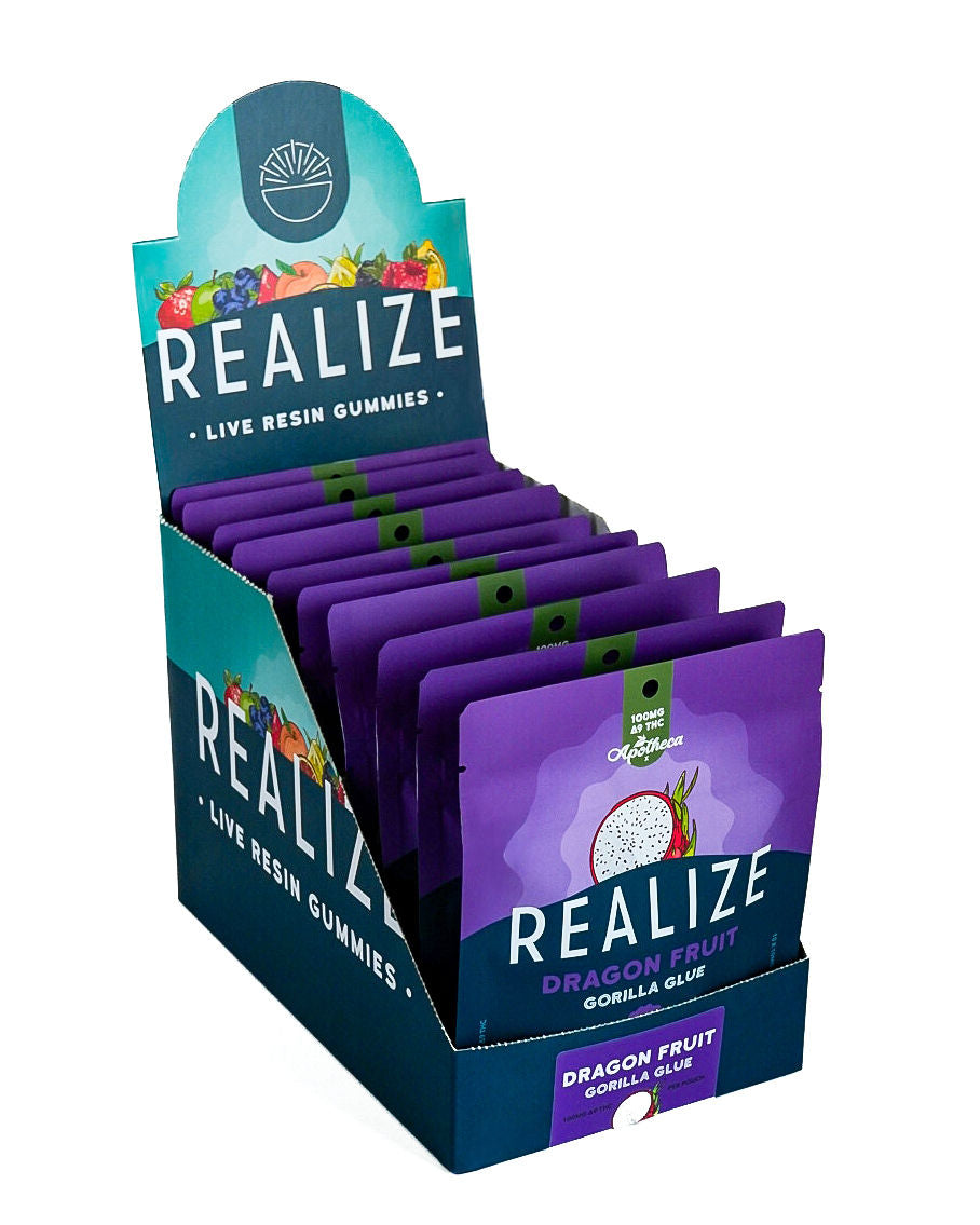 Realize live resin gummies Dragon Fruit Gorilla Glue 100mg Delta-9 THC wholesale display box with countertop retail packaging