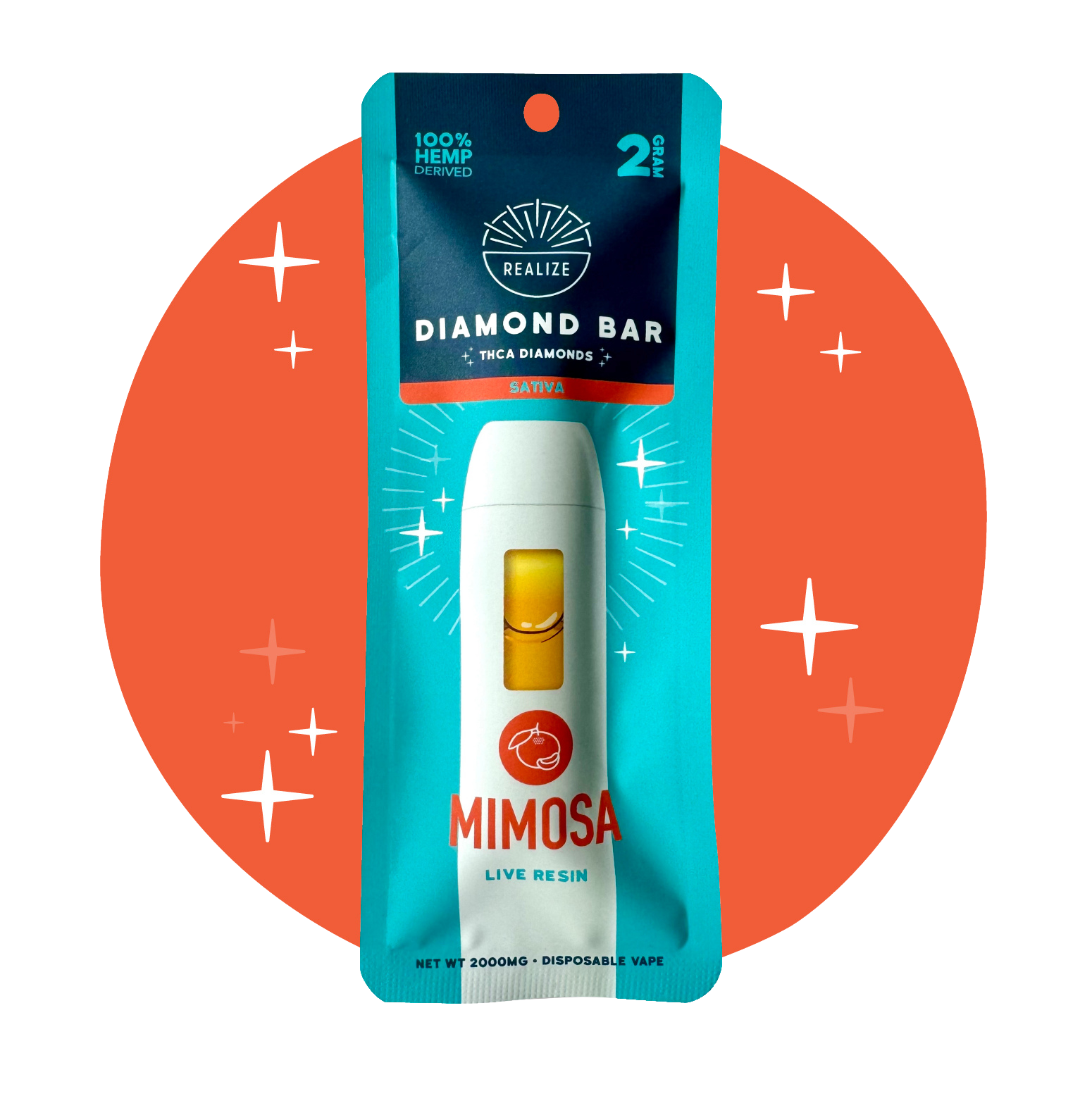 Realize Diamond Bar Mimosa sativa live resin disposable vape with THCA diamonds 2 gram hemp-derived vape
