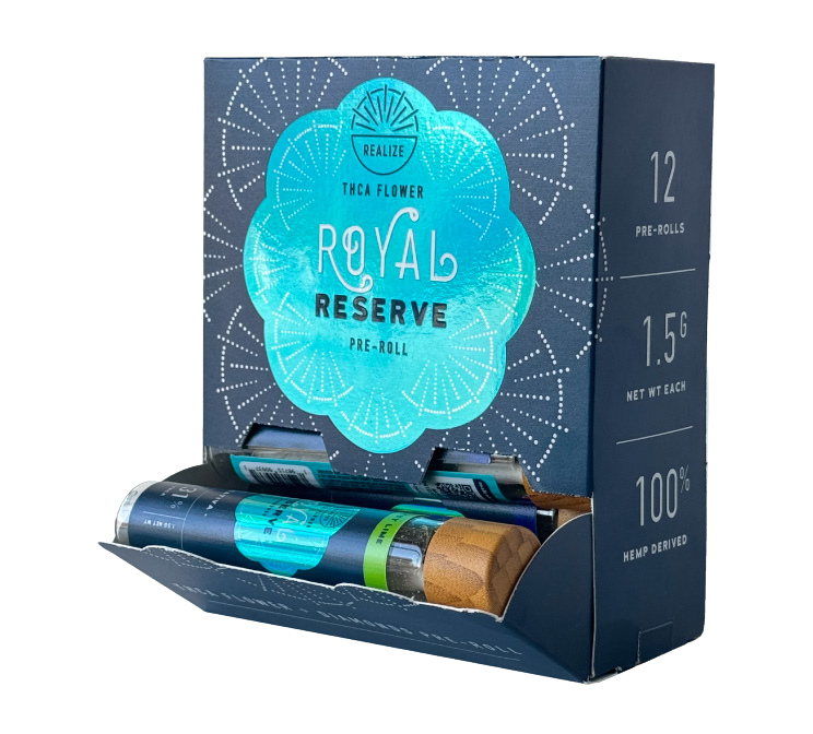 Realize Royal Reserve THCA flower pre-rolls wholesale display box with 12 premium 1.5g hemp-derived pre-rolls