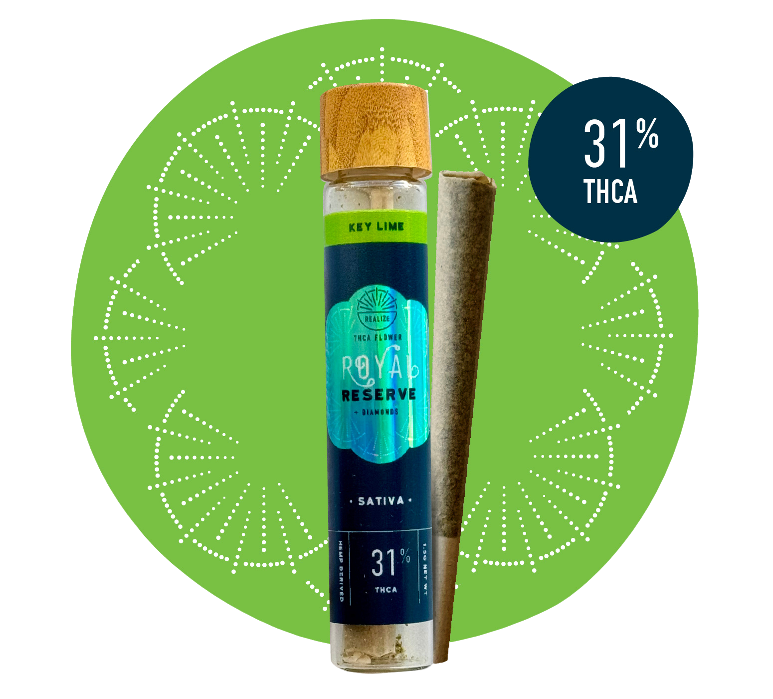 Realize Royal Reserve Key Lime sativa THCA flower pre-roll with 31% THCA in glass tube with wooden cap