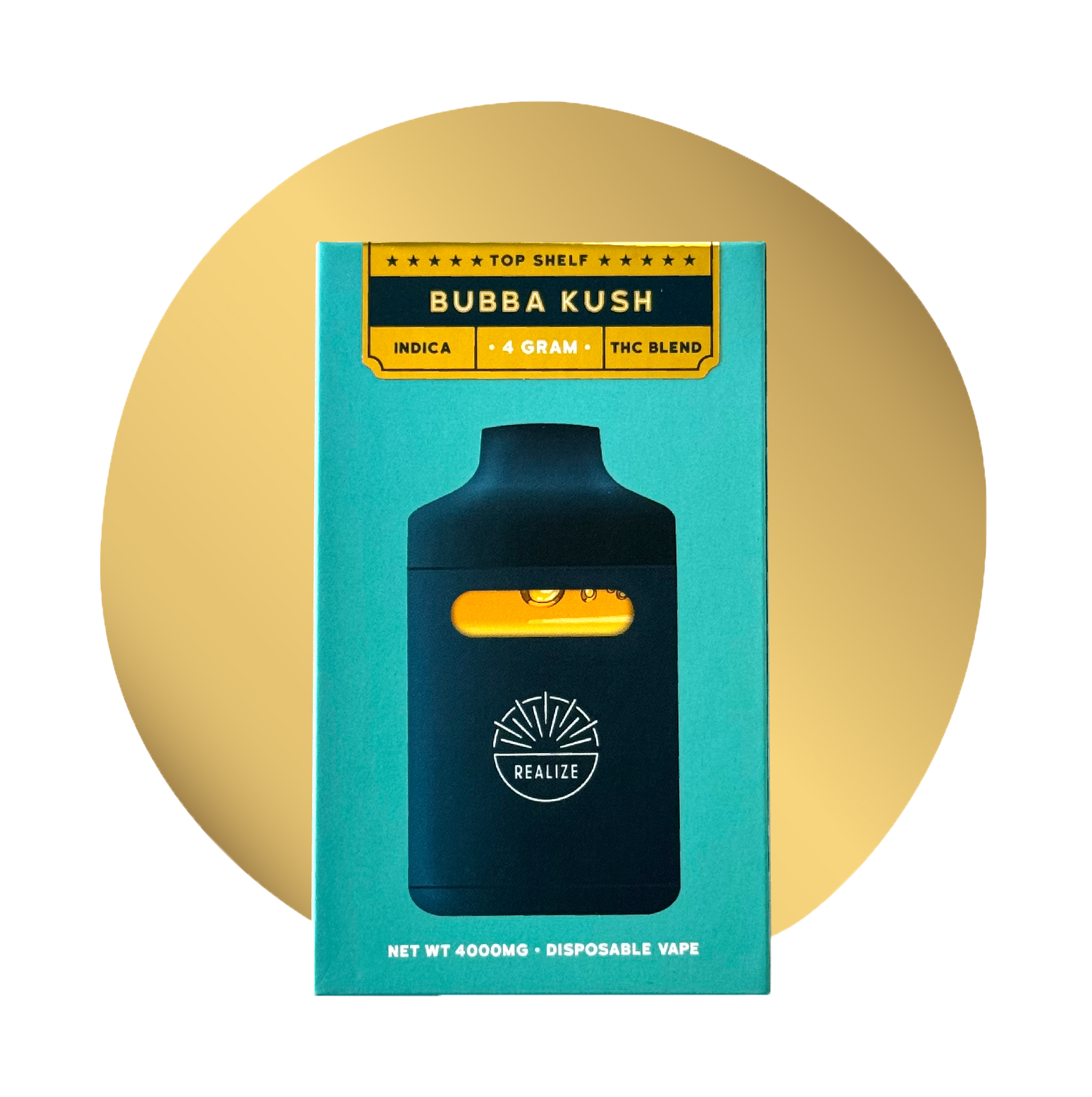 Realize Bubba Kush Top Shelf 4 gram disposable vape, indica THC blend packaging with device displayed on the front