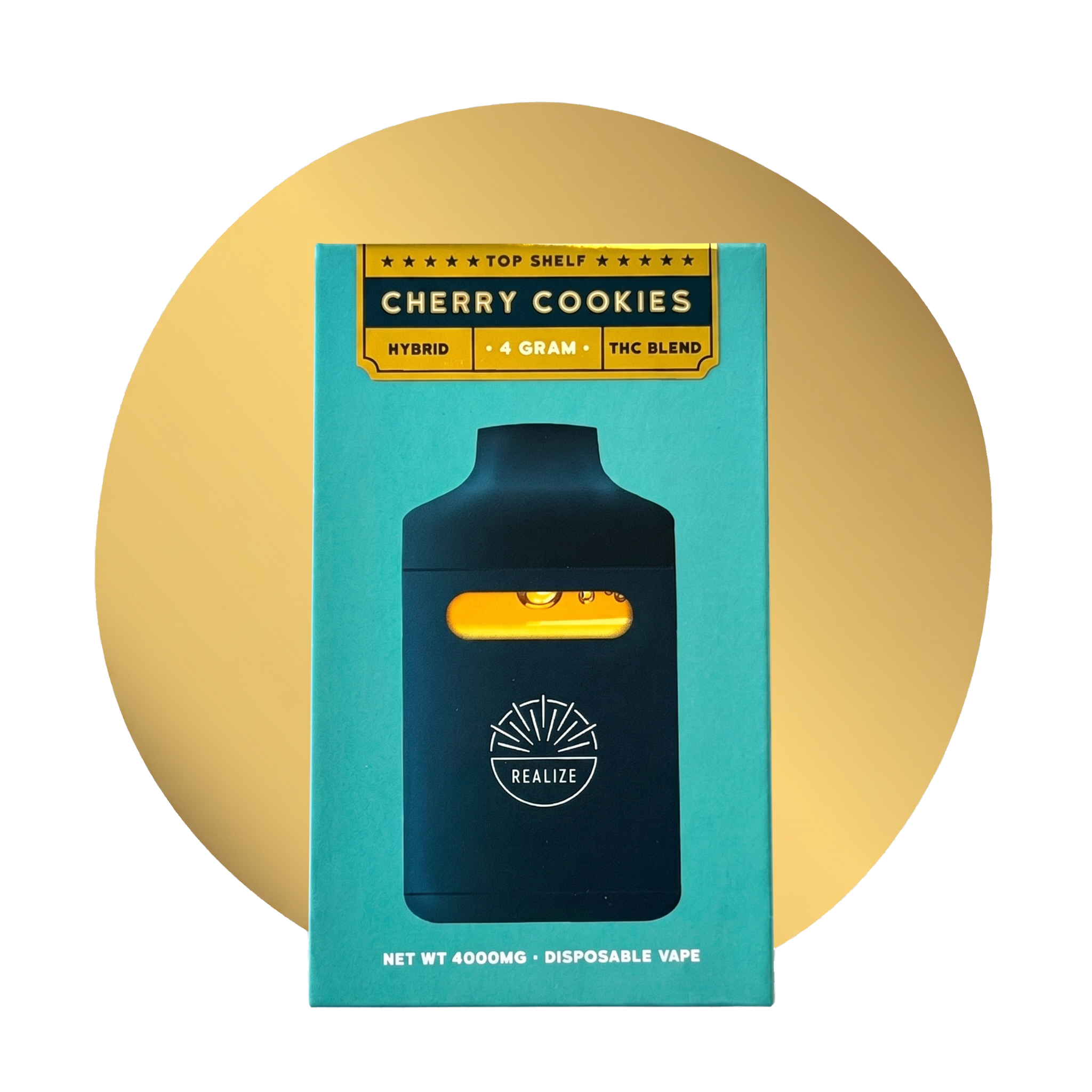 Realize Cherry Cookies Top Shelf 4 gram disposable vape, hybrid THC blend packaging with device displayed on the front